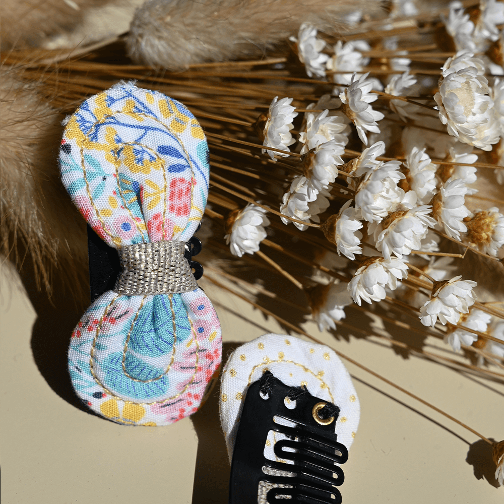 Barrette Noeud Anti-Glisse Champêtre Bleuté