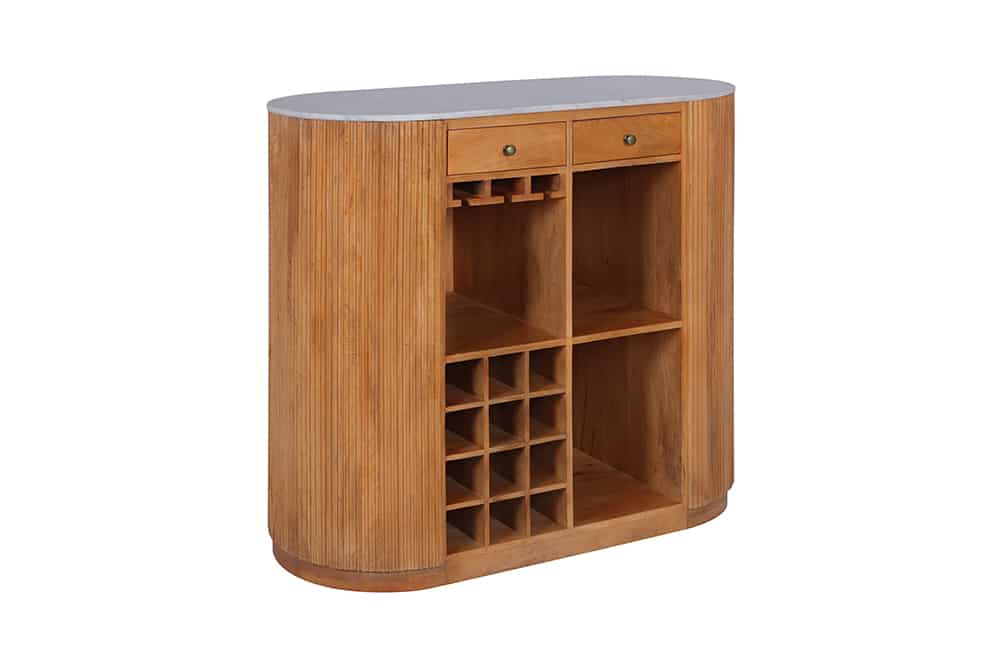 Massiver Bartisch TRES CHIC 120cm braun Mangoholz weiß Marmor mit Flaschenregal