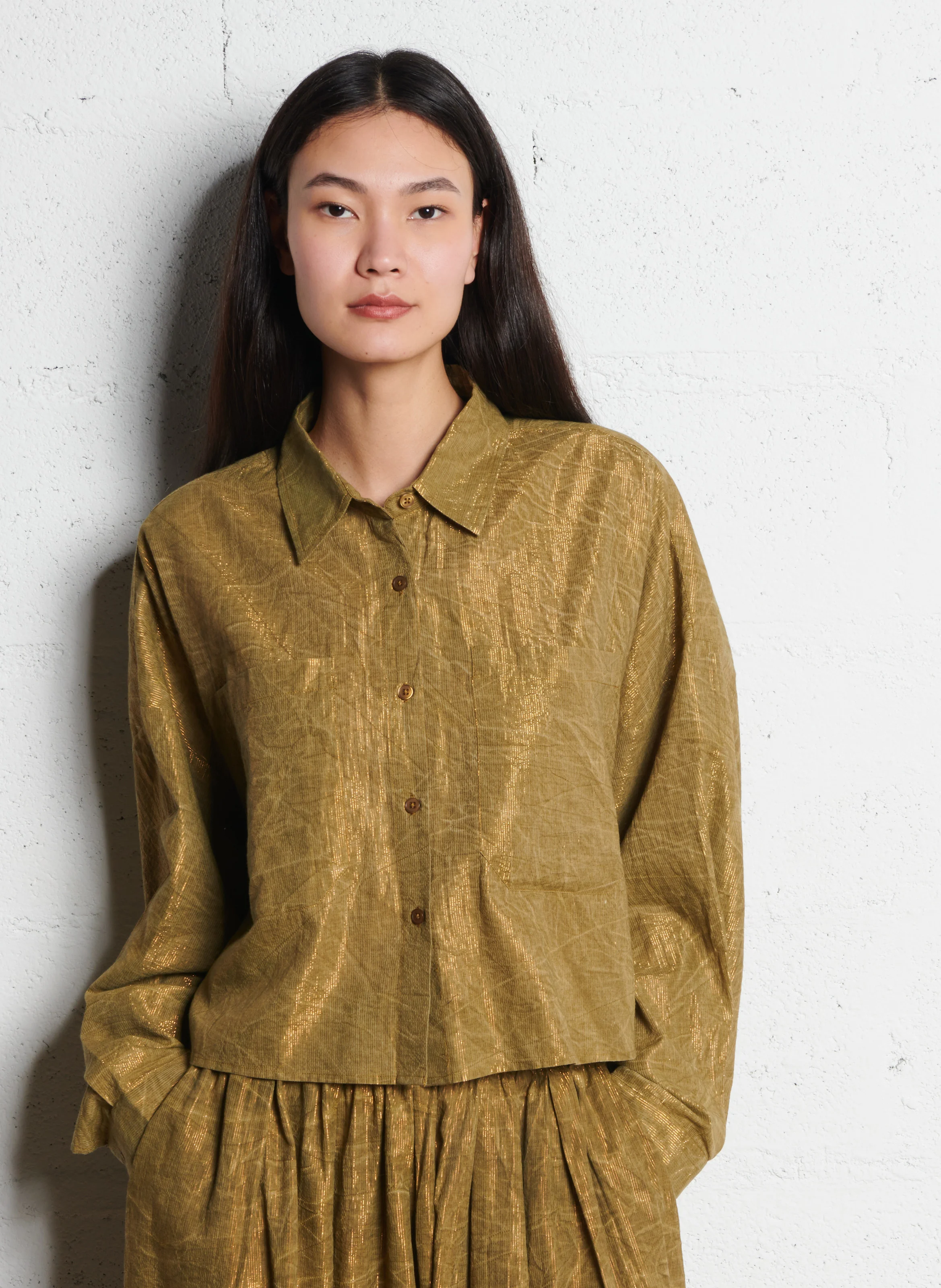 DAHBIA - Pantalon large taille haute en coton mélangé | Vert