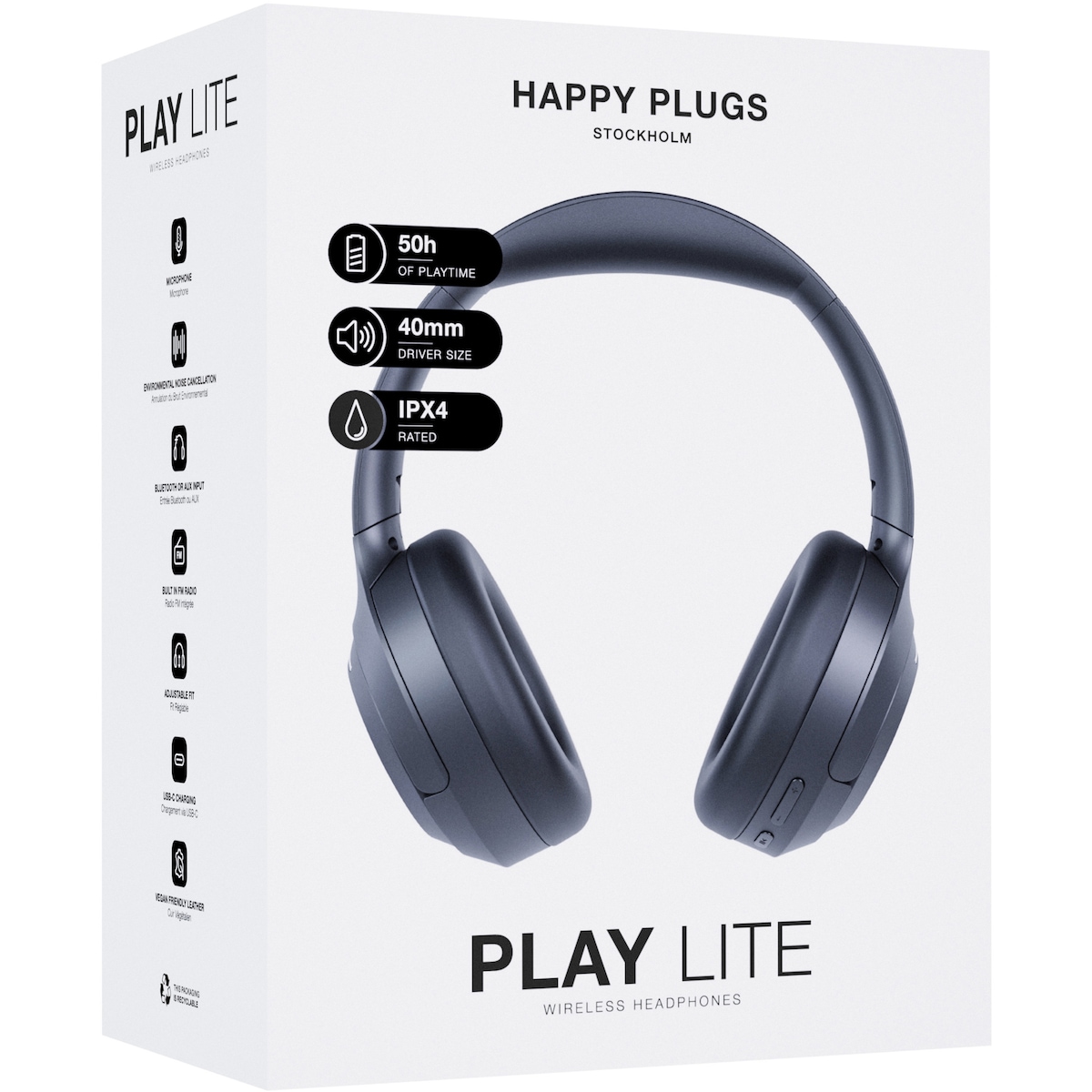 Happy Plugs Play Lite helt trådløse around-ear hodetelefoner (sort)
