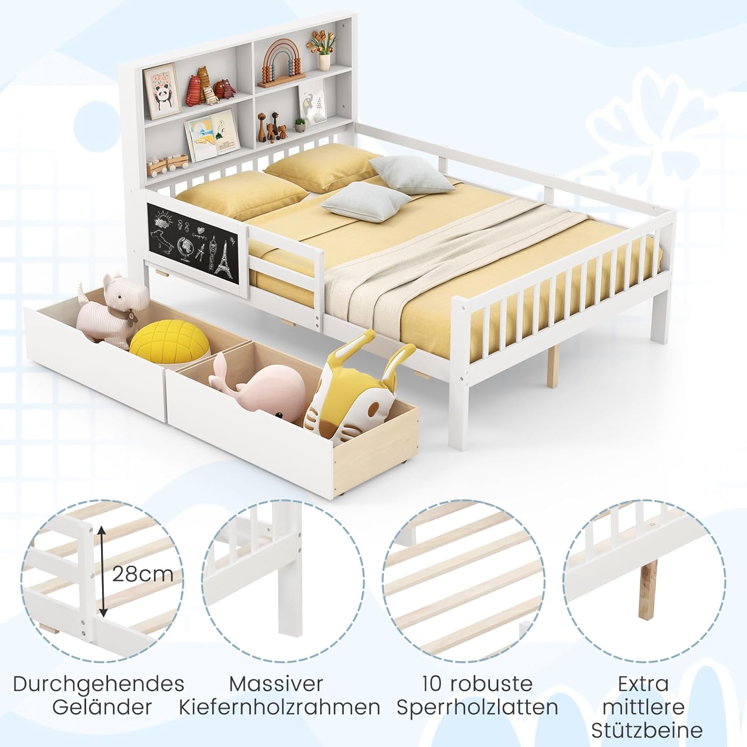 COSTWAY 140 x 200 cm Kinderbett mit Rausfallschutz & Zeichenbrett, Jugendbett mit 2 Schubladen, Bücherregal & Lattenrost, Holzbett weiß, Doppelbett für Jungen und Mädchen