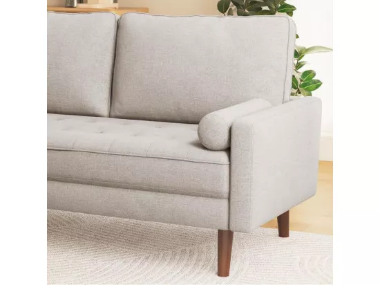 Canapé 3 places en tissu Lin beige - Scandinave - avec 2 Oreillers et Accoudoirs - Pieds bois massif - 173x77x84cm