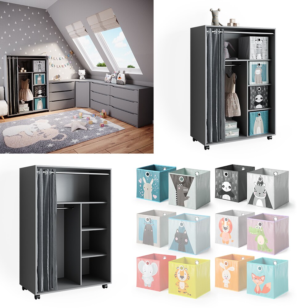 Vicco mobiler Kinderkleiderschrank Dielenschrank Garderobe Doros Grau modern 100 x 147 cm Faltboxen offen rollbar