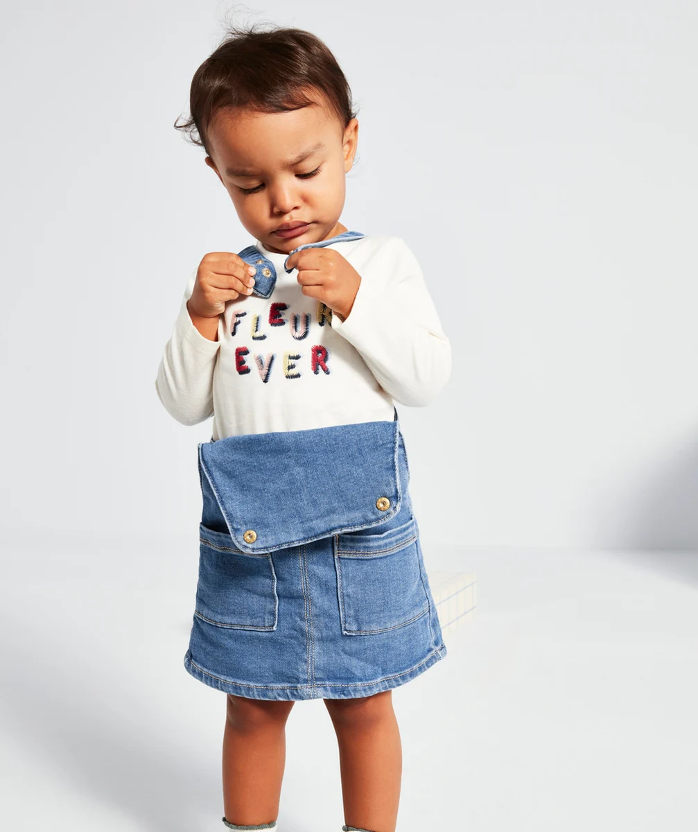 ROBE SALOPETTE BÉBÉ FILLE EN DENIM BLEU LOW IMPACT