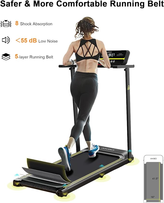 Estação de trabalho com esteira dobrável, esteira dobrável AKSO com capacidade para 136 kg (300 lb), mini esteiras portáteis para escritório em casa com aplicativo inteligente, visor LCD ajustável, esteira compacta e fácil de dobrar