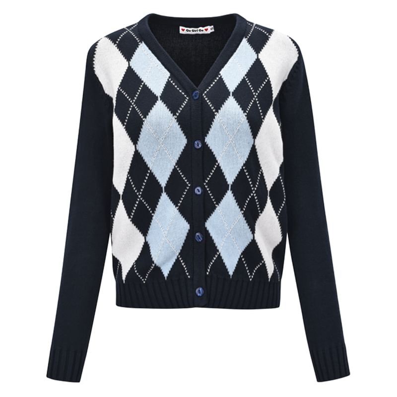 Sinora - V-hals Argyle Cropped Cardigan