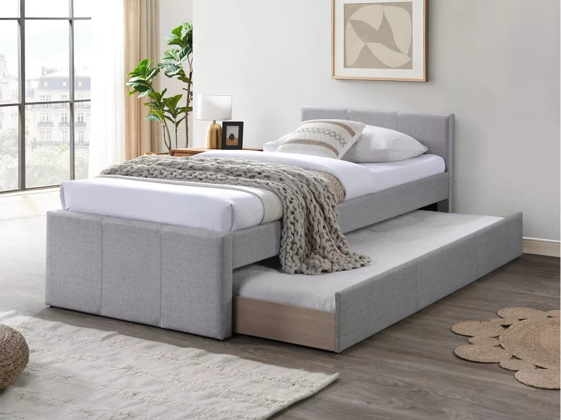 Lit gigogne 90 x 190 cm - Tissu - Gris - DORITALO