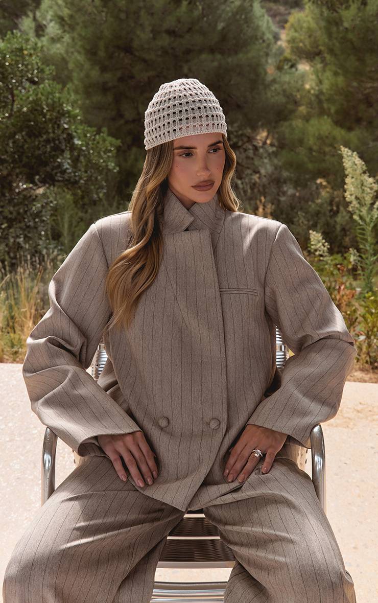 Taupe Ensemble Coordonné Blazer Boxy À Fines Rayures