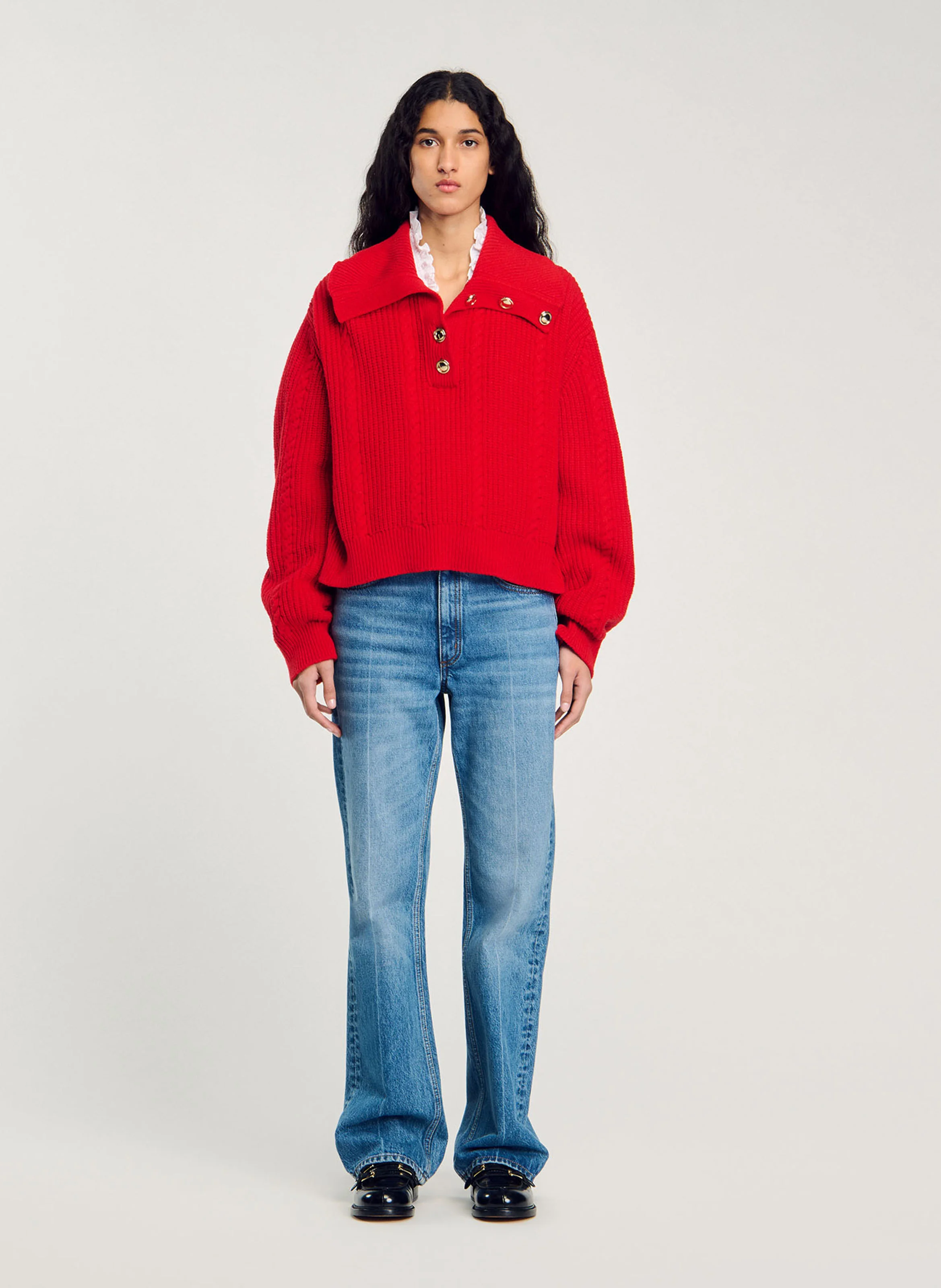 Pull à col boutonné en laine mélangée | Rouge