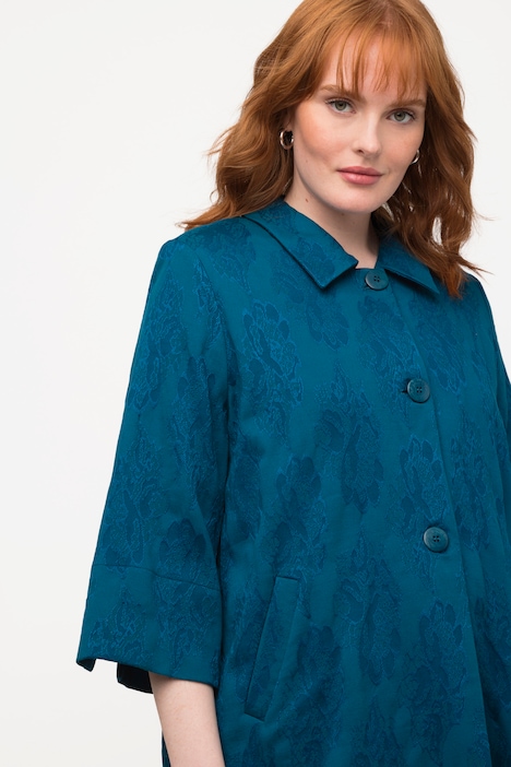 Jacquard-Jacke, Blüten, A-Linie, Hemdkragen, 3/4-Arm