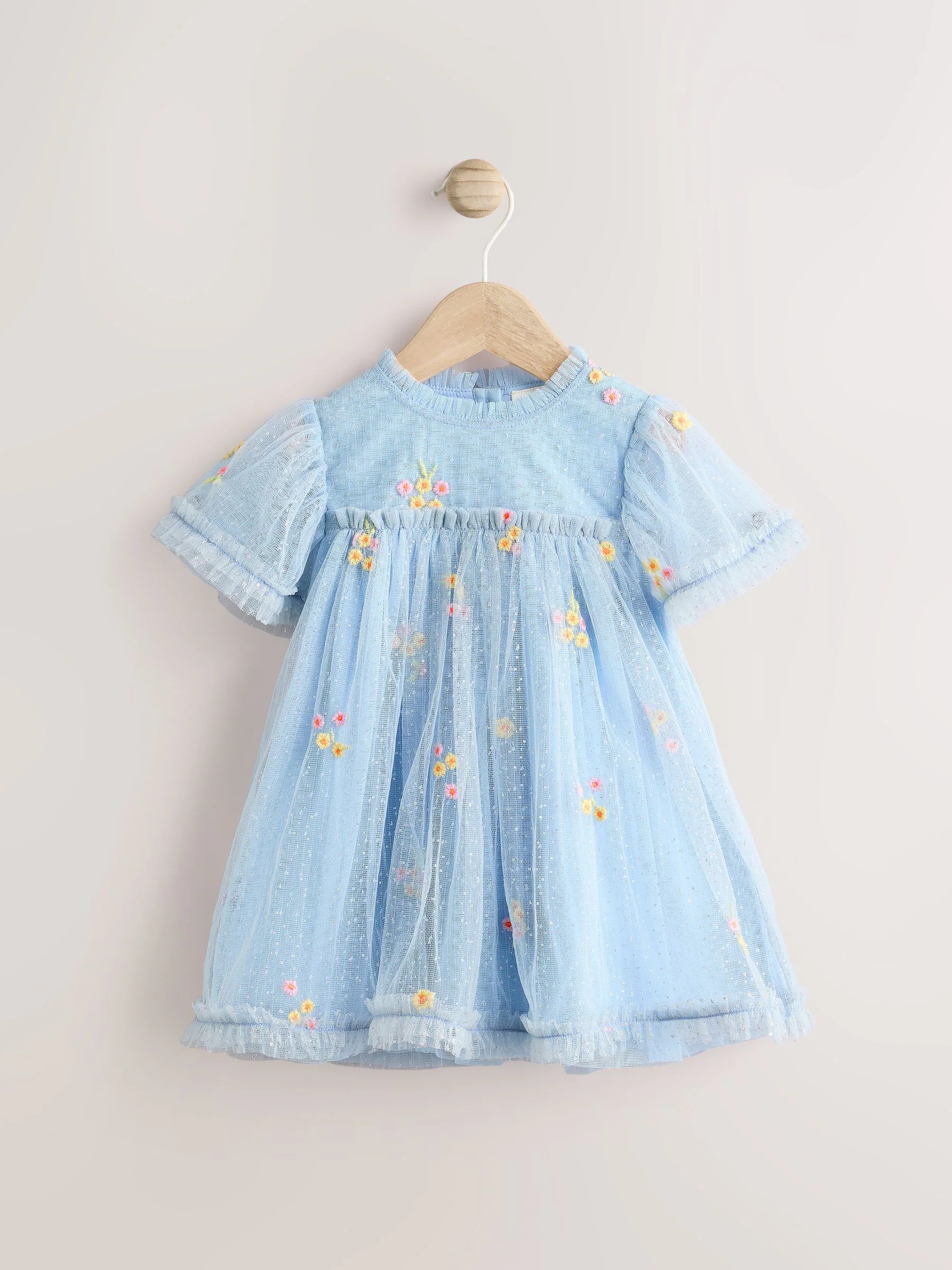 Blue Embroidered Flower - Mesh babyjurk (0mnd -2jr)