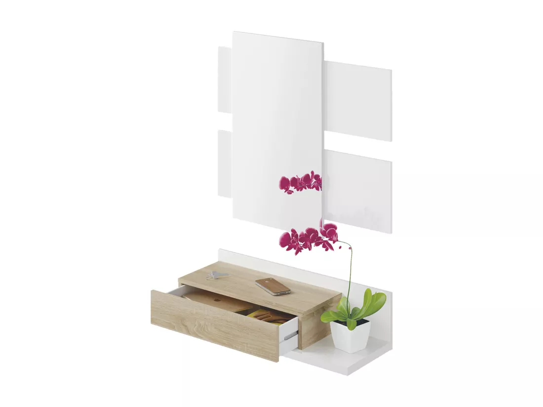 Meuble d'entrée Dcori, Entrée suspendue avec miroir, Meuble d'entrée avec tiroir, 75x29h90 cm, Blanc et Chêne