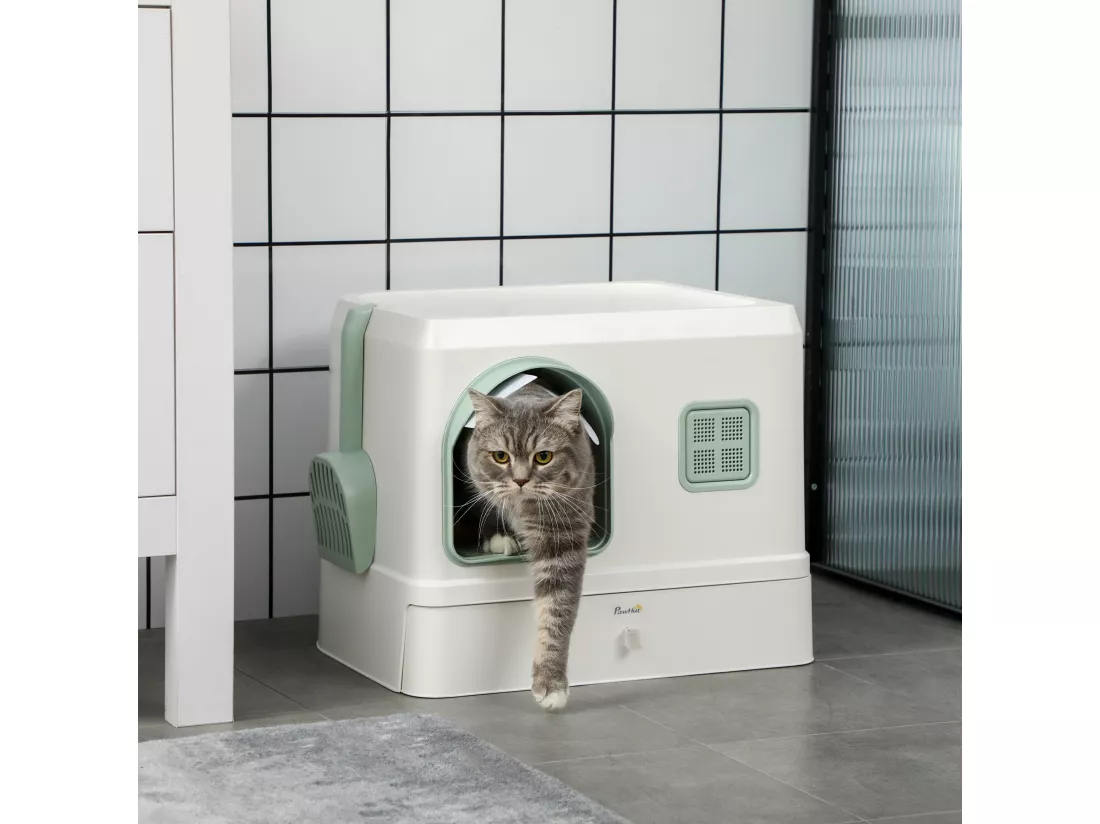 Maison de toilette chat design maisonnette - pelle, 2 désodorisants, plateau coulissant intégrés - blanc vert