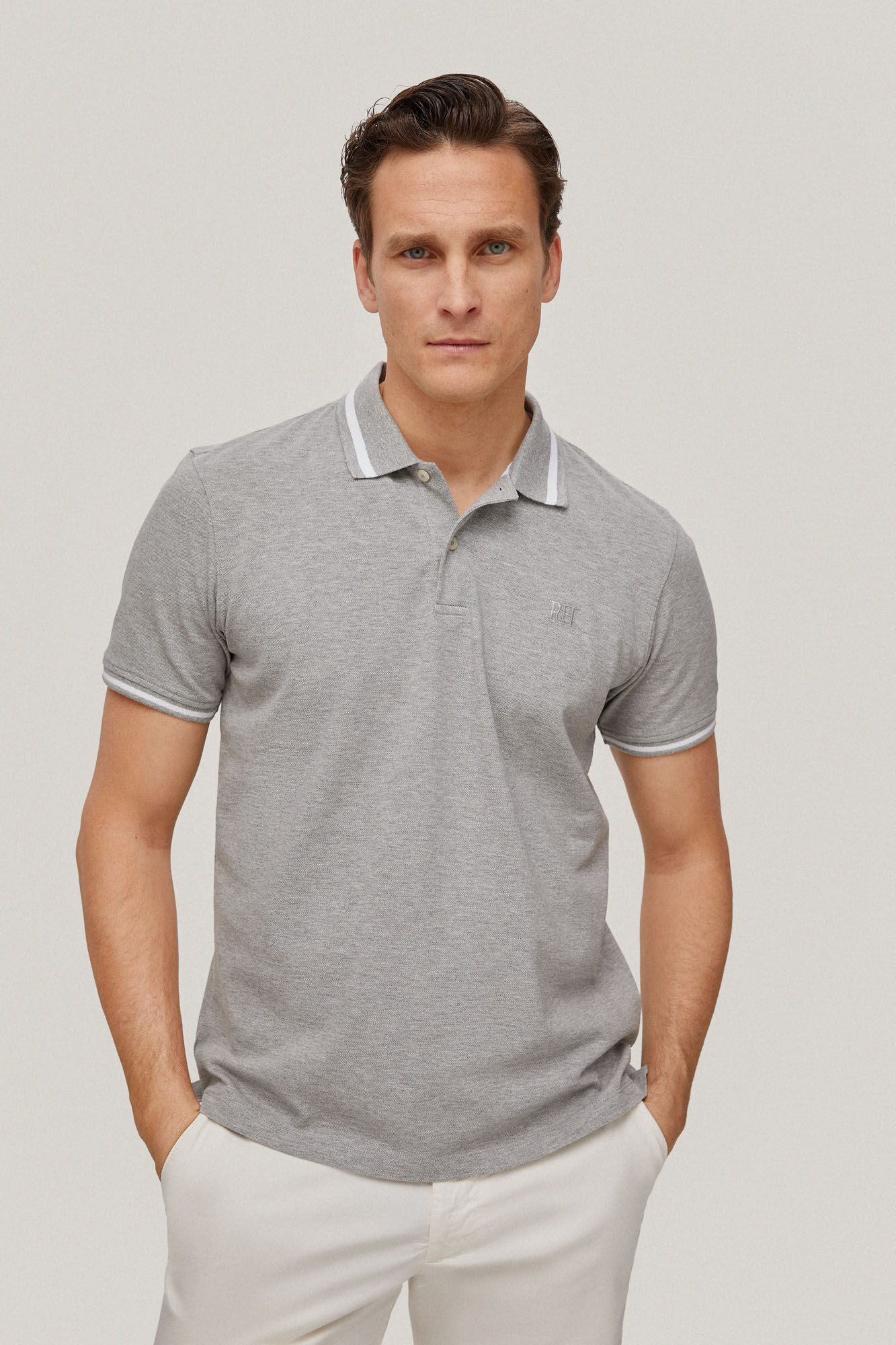 Camisa polo com gola com logotipo - Cinza