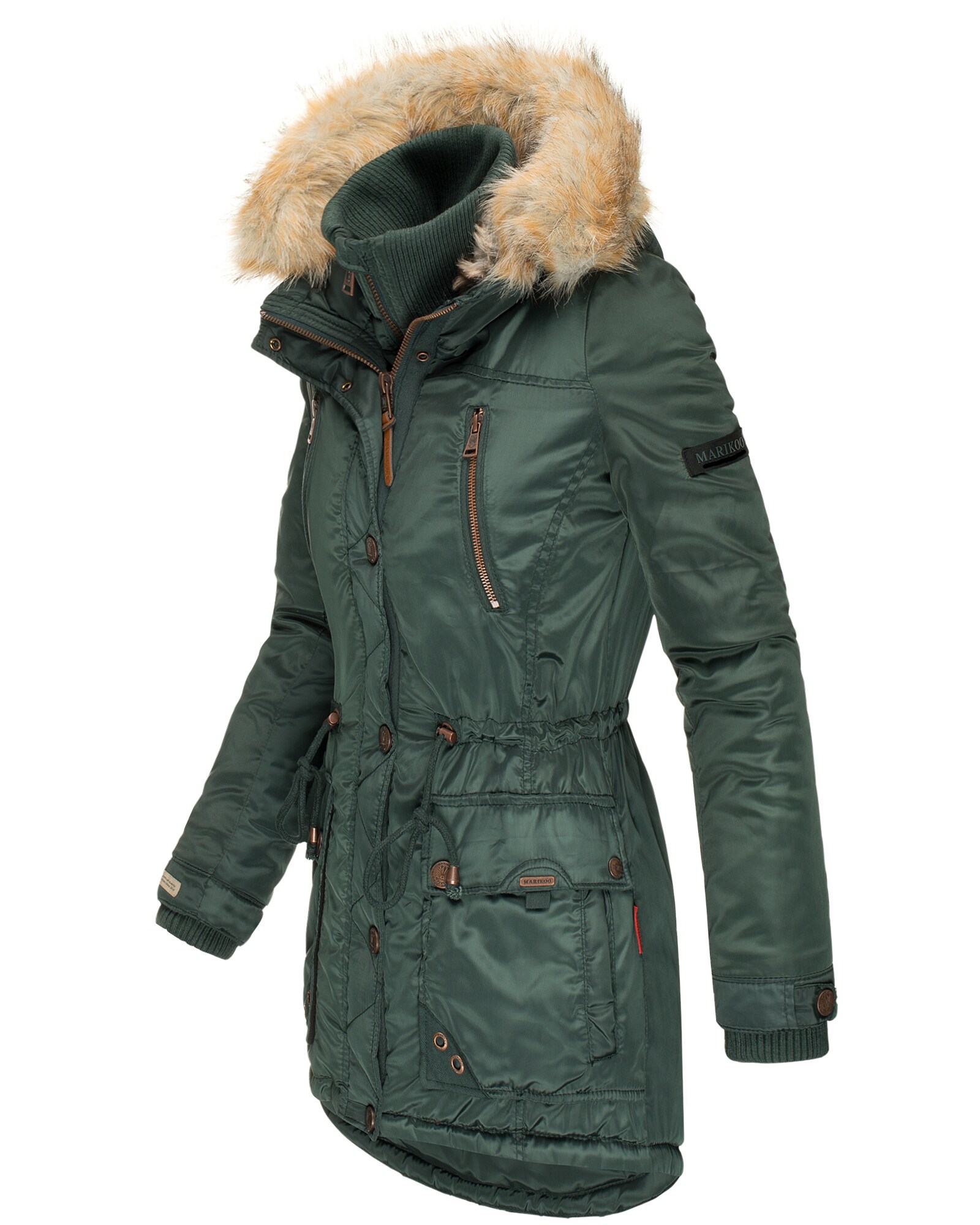 MARIKOO Damen Designer Wintermantel Winter Parka mit Kunstpelz-Kapuze Grinsekatze