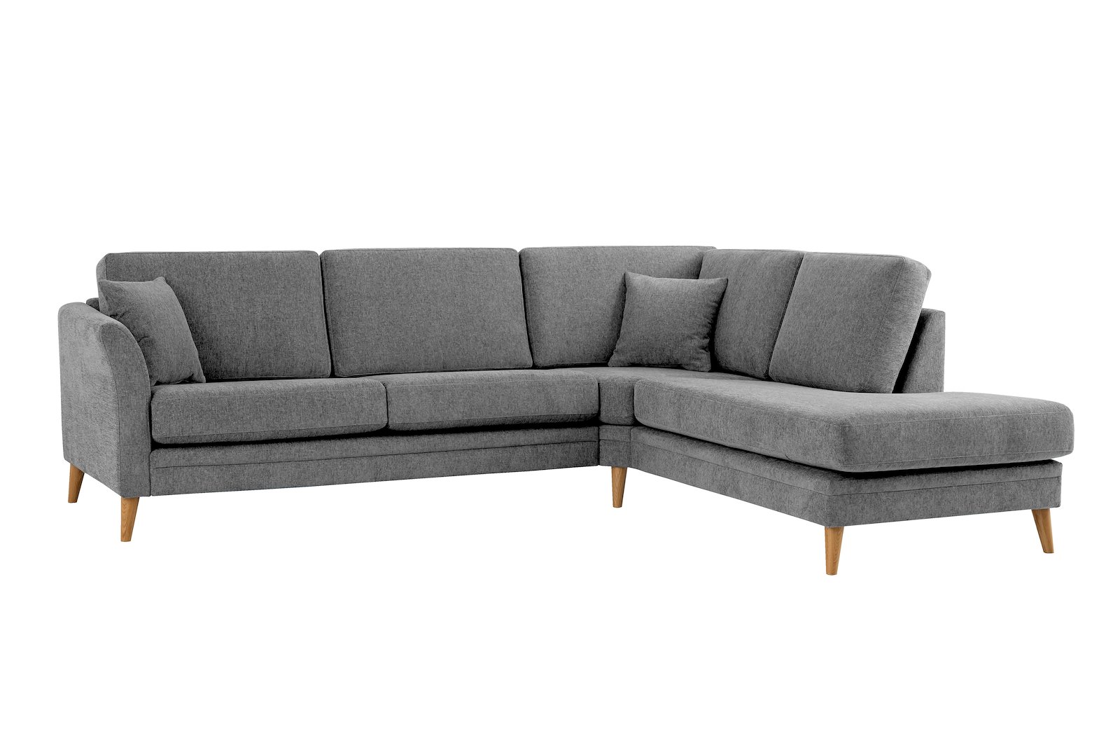Eden hjørnesofa 2,5-seter med åpen ende høyre. Tekstil Thor 3 Grey med ben i eik natur (15137).