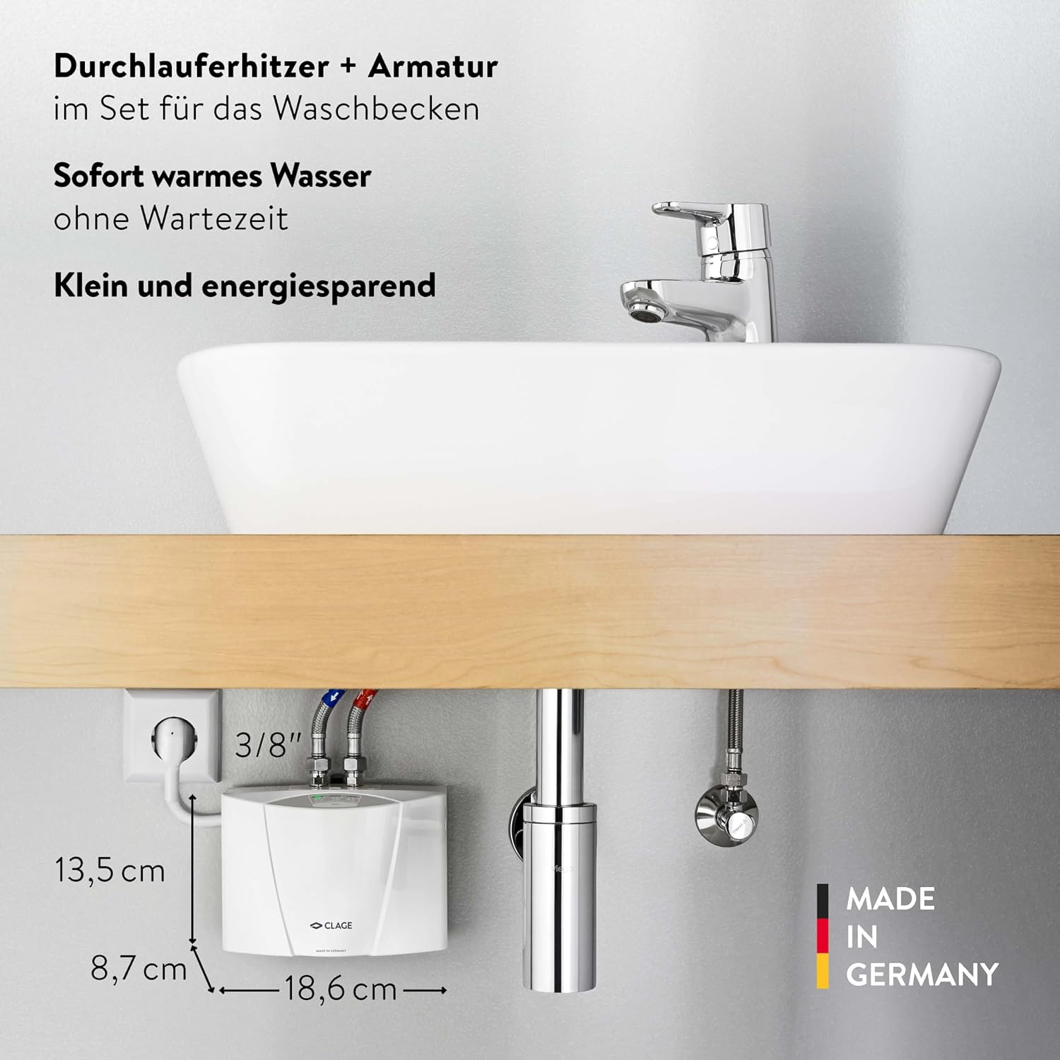 CLAGE MCX Blue elektronischer Klein-Durchlauferhitzer Set mit moderner Armatur fürs Handwaschbecken, energiesparend, 3,5 kW mit Stecker, druckfest + drucklos, VDE-GS geprüft, 1500-15133