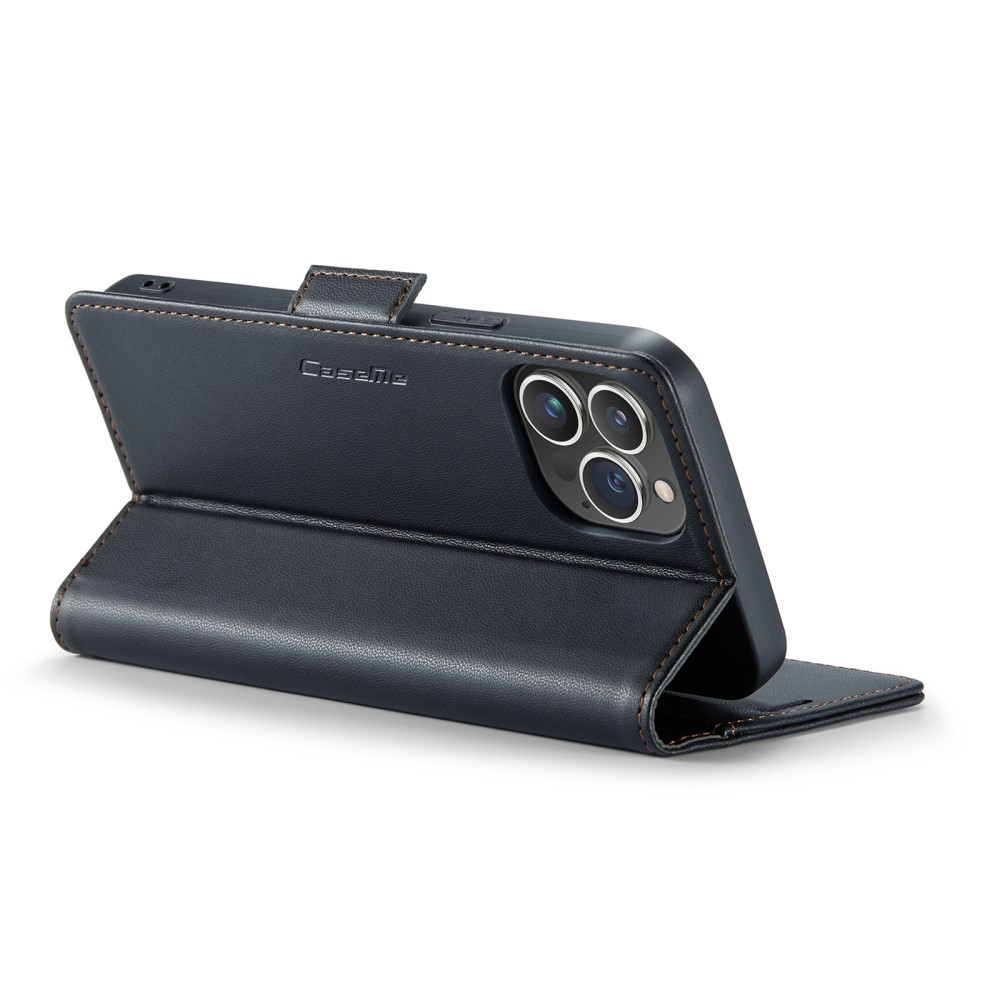 iPhone 14 Pro Leder Tasche Flip Wallet Etui mit Kartenfächern Litchi Look (RFID Schutz) - Schwarz