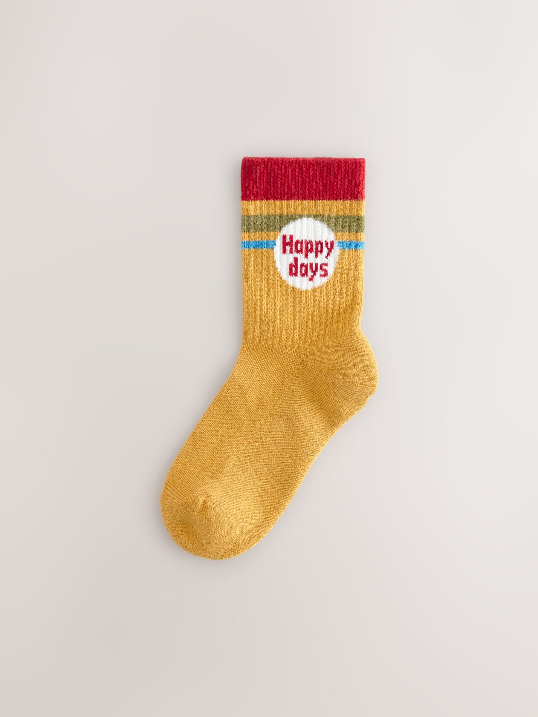 Ecru/mosterd/rood retro slogan - Verpakking van 5 paar sokken met rijke print