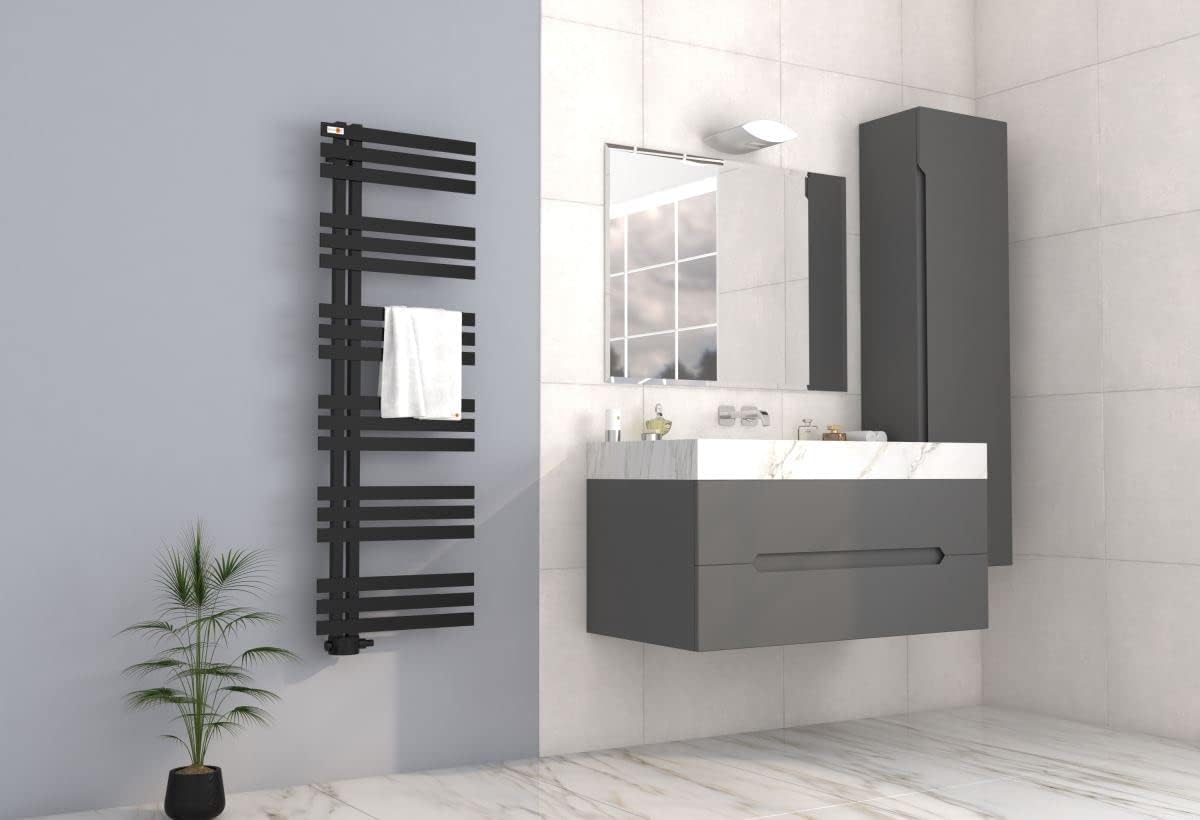 MERT Design Badheizkörper ELEN, Tiefschwarz RAL 9005 matt Struktur, 500x1500 mm inklusive Wandhalterungen, Blindstopfen, Entlüftungsstopfen, Dübel -und Schrauben