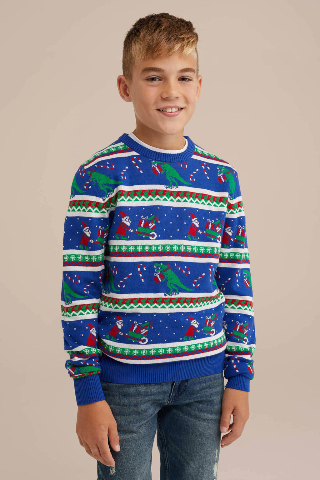 WE Fashion gebreide kersttrui blauw/groen