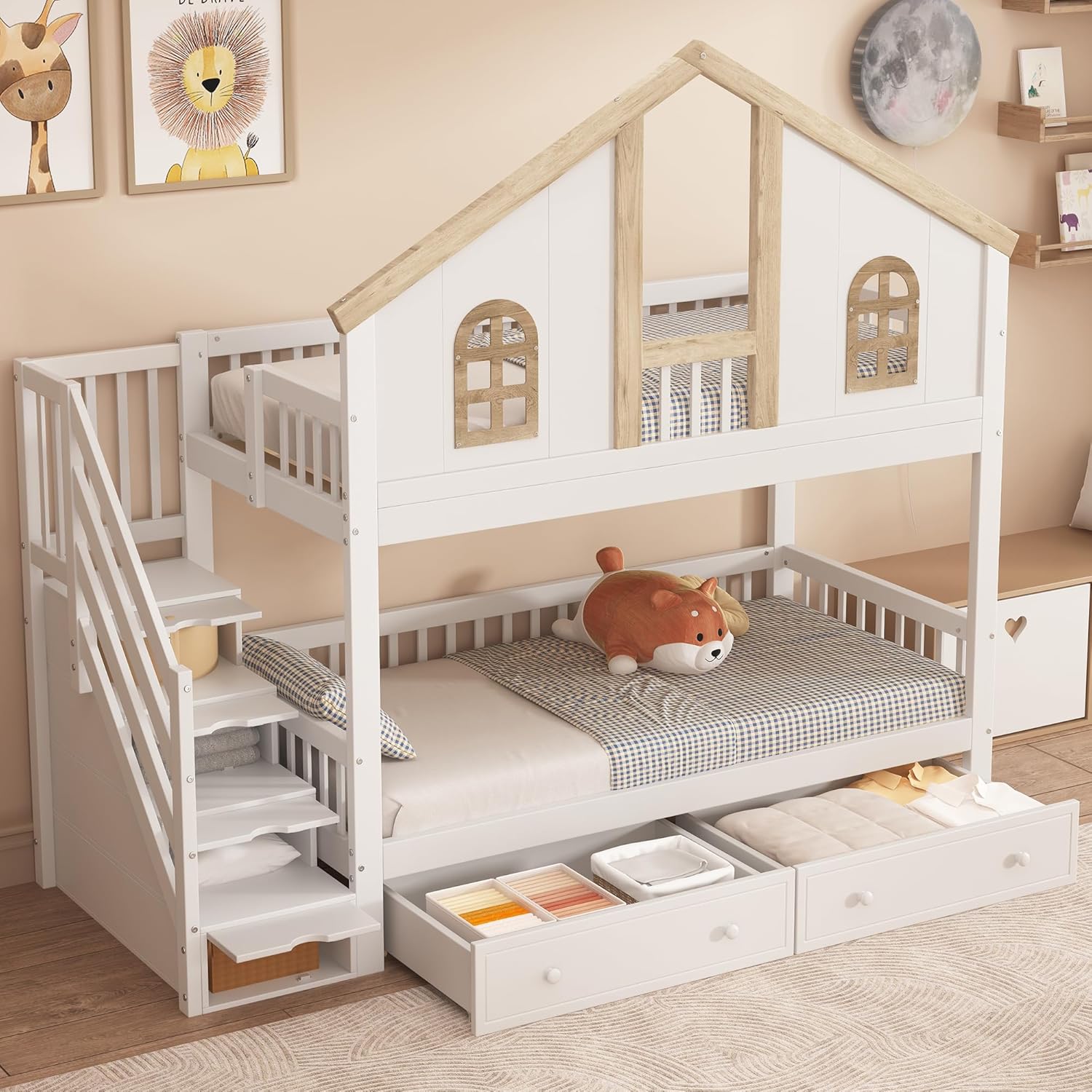 Kinderbett 90x200 cm, Etagenbett mit 2 Schubladen, Treppe mit 4 Ablagefächern, Stockbett für 2 Kinder, Holzbett mit Fenster Fallschutzgitter, Weiß+Natur, ohne Matratze