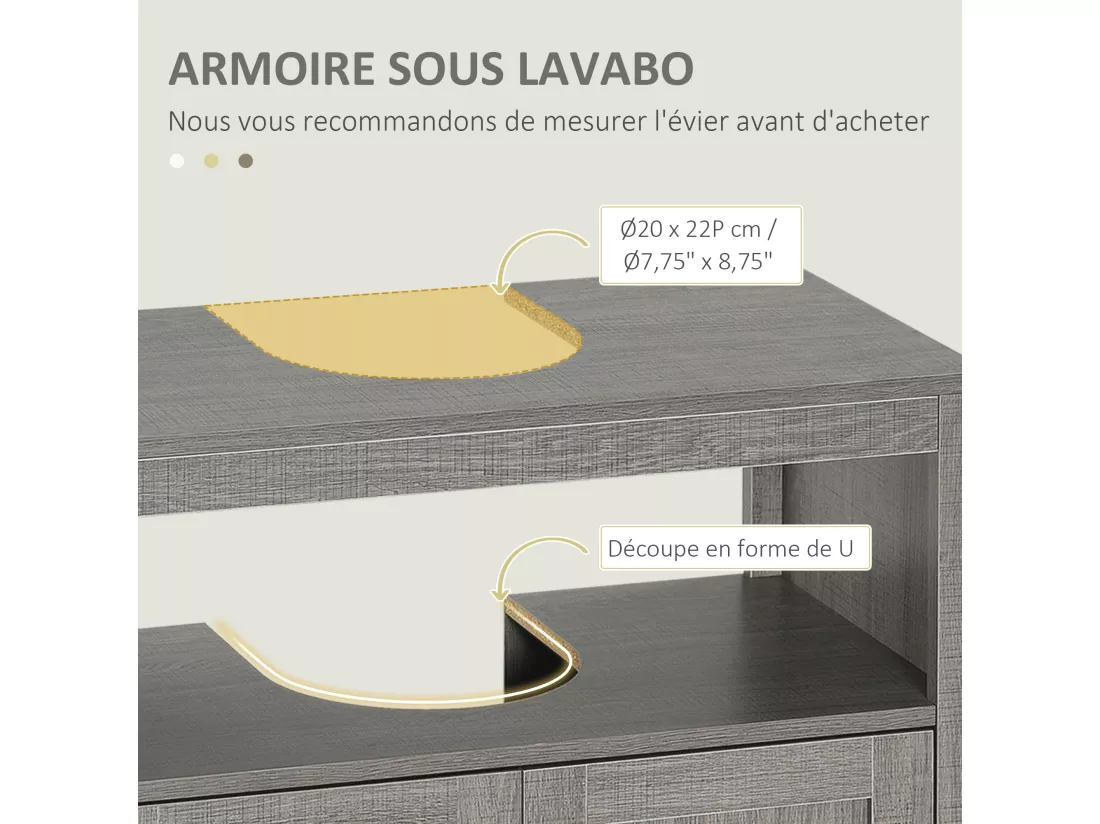 Meuble salle de bain - meuble sous-vasque - placard 2 portes, niche - dim. 60L x 30l x 60H cm - panneaux de particules aspect bois gris