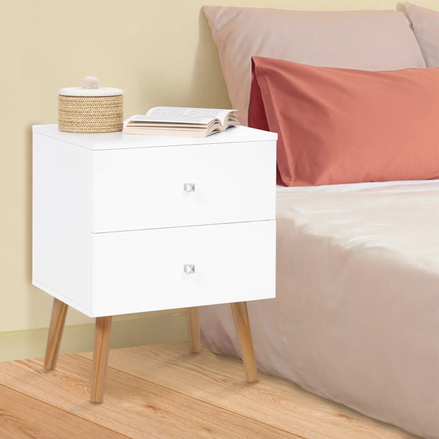 Lot de 2 tables de chevet EMMIE scandinaves 2 tiroirs blanc