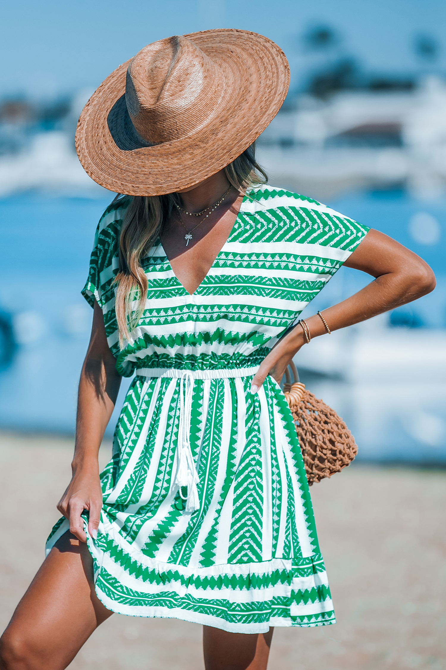 Robe cover up mini à manches dolman géométrique verte