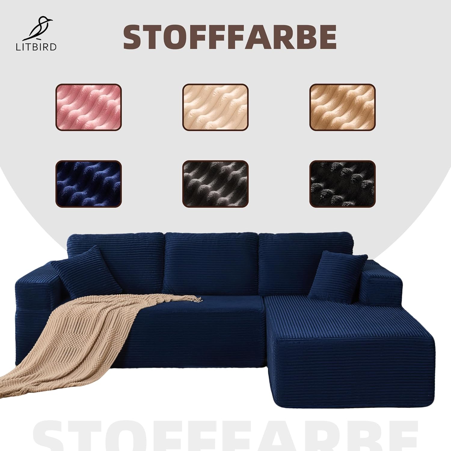 Modulares L-förmiges Ecksofa mit Schlaffunktion – rahmenloses Schlafsofa mit Chaiselongue rechts, extra tiefer Sitzfläche, montagefrei, für Wohnzimmer,Navyblau