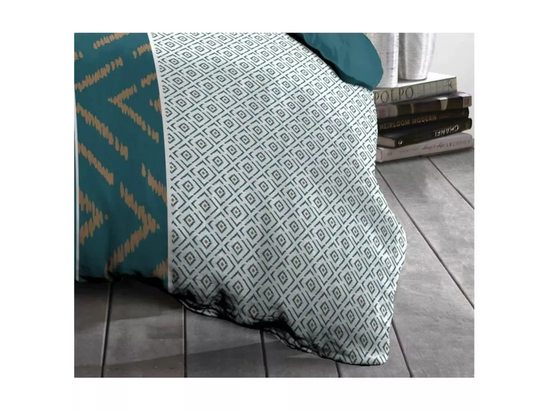 Parure de couette Microfibre ETHNO 220x240cm et 2 taies d'oreillers 63x63cm Bleu Canard