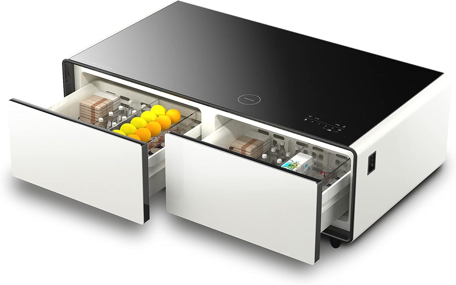 CASO Sound & Cool White, Soundbar und Lounge-Tisch mit Lademöglichkeiten, Bluetooth, USB, klangvoller Sound, LED-Beleuchtung, Zwei Kühlfächer (insg. 135 l), individuell einstellbarer Temperatur