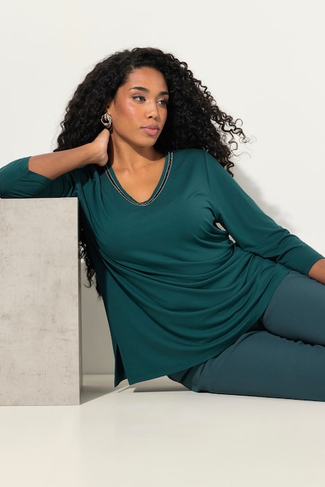 Shirt, Ziersteine, A-Linie, V-Ausschnitt, Langarm