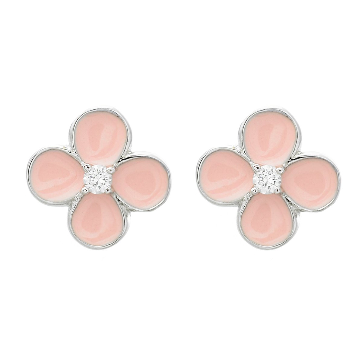 Boucles d'oreilles fleur émail rose et oxyde de zirconium Argent 925 Rhodié