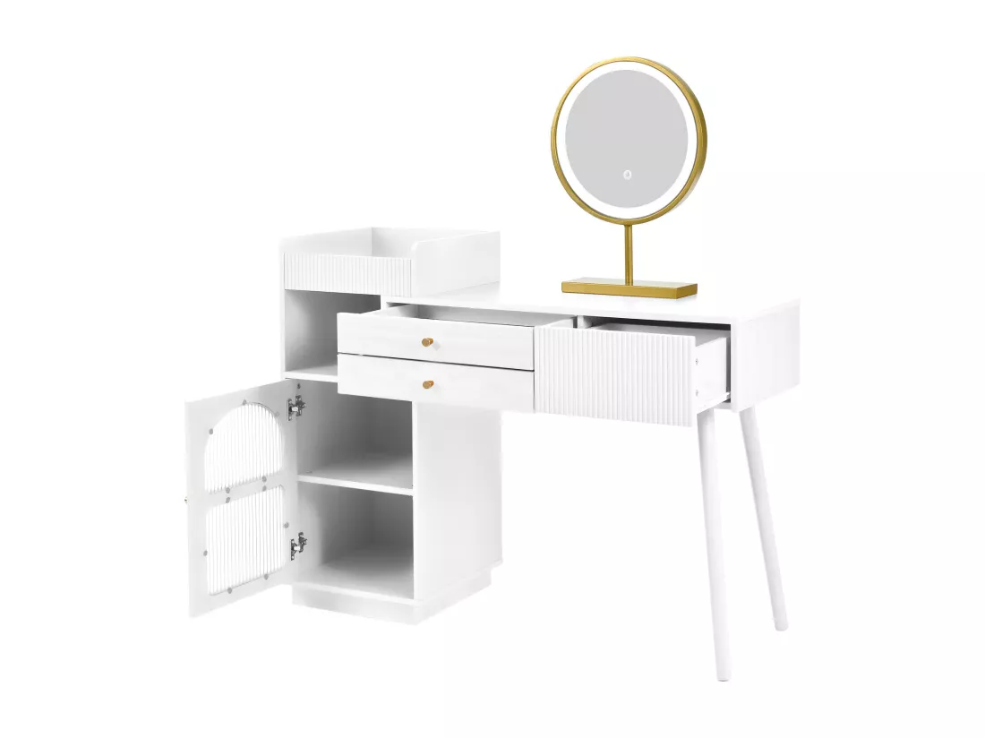 Coiffeuse avec miroir et éclairage LED - 3 tiroirs et une armoire latérale - Blanc(tabouret non inclus)