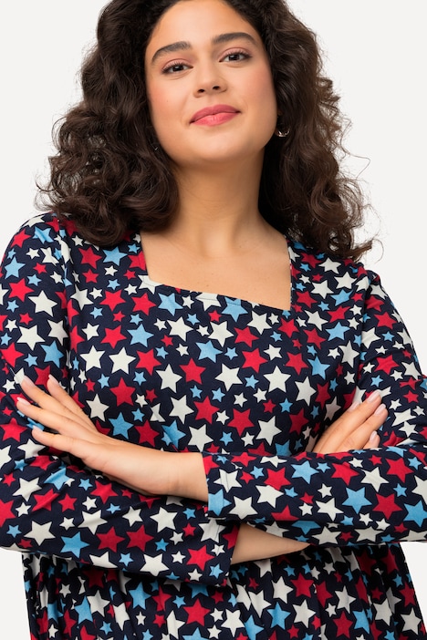 Kleid, Jersey mit Sterne, A-Linie, Carree-Ausschnitt, Langarm