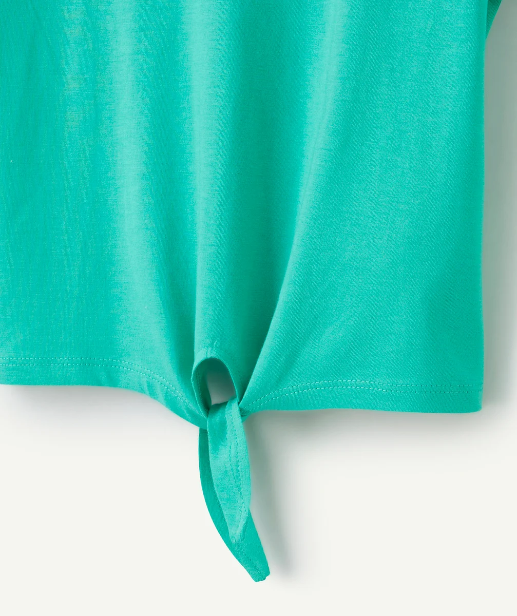 t-shirt manches courtes fille en coton bio vert avec noeud