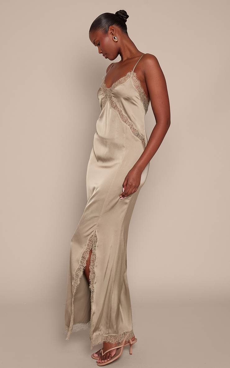 Vert Olive Robe Nuisette Longue En Satin À Bordure Dentelle