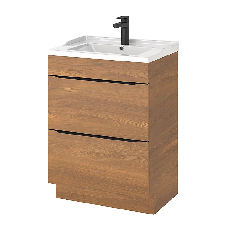 Ensemble salle de bains l.60 cm meuble à poser Imandra décor noyer + plan vasque céramique blanc