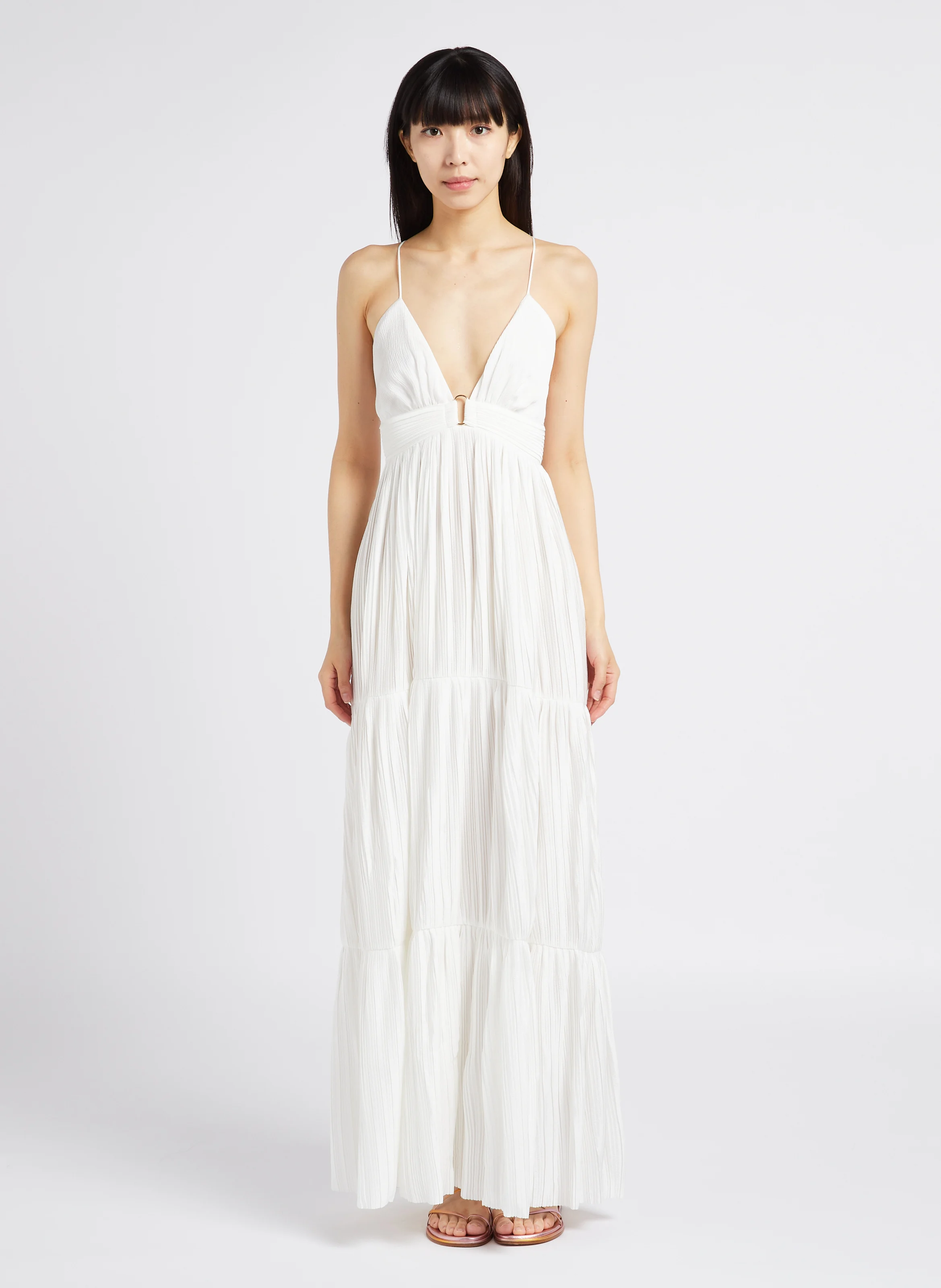 WASTA - Robe longue col V plissée | Blanc