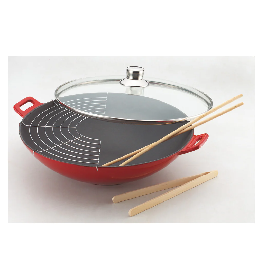 Wok fonte rouge 36 cm avec couvercle en verre Baumalu