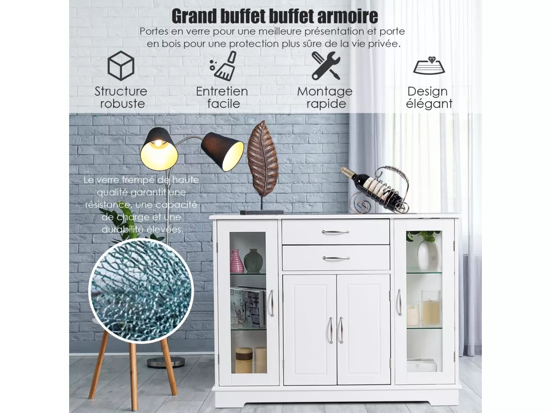 Buffet de Cuisine, Meuble de Rangement avec 2 Tiroirs, 2 Portes Simples en Verre Trempé et 1 Porte à La Française, Armoire pour Cuisine et Salon 107 x 30 x 82 CM (Blanc)