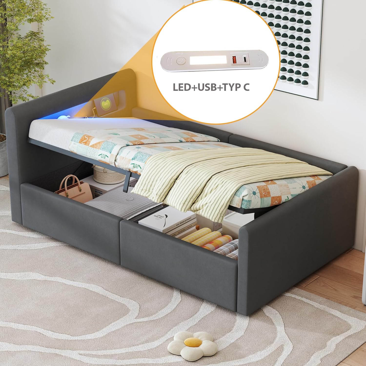 Modern Jugendbett 90x200 cm Polsterbett, Bett mit Lattenrost & Stauraum, Polster Kopfteil mit LED Nachtlicht & USB-Ladeanschluss, Samtstoff, Kinderbett für Jungen & Mädchen (Dunkelgrau)