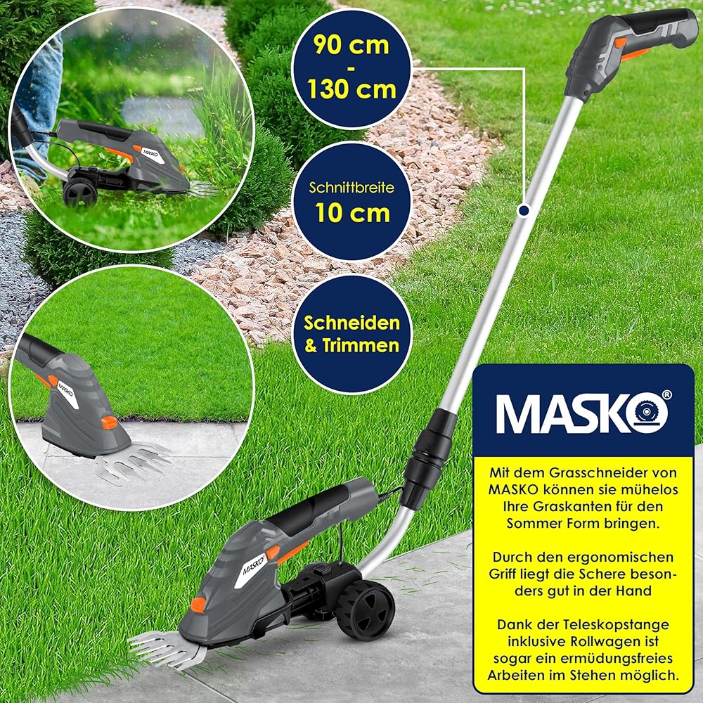 Masko® Cisaille à Gazon | Cisaille à arbustes + Gants, Set avec Batterie 7,2 V 2 000 mA/h et Chargeur | Taille-haie électrique de Jardin | Ciseaux à Gazon avec Lame à Herbe, Lame pour arbuste, Gris : Jardin