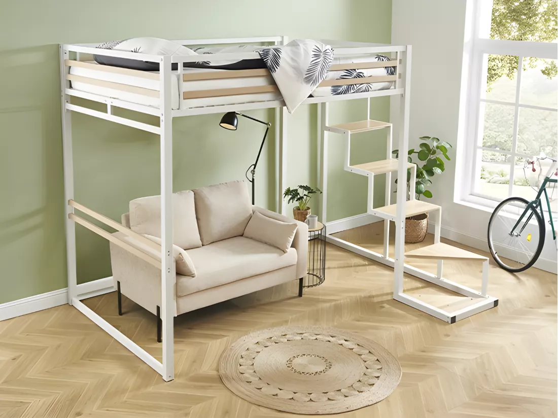 Lit mezzanine 140 x 200 cm - Métal et MDF - Blanc + Matelas - JOGUI