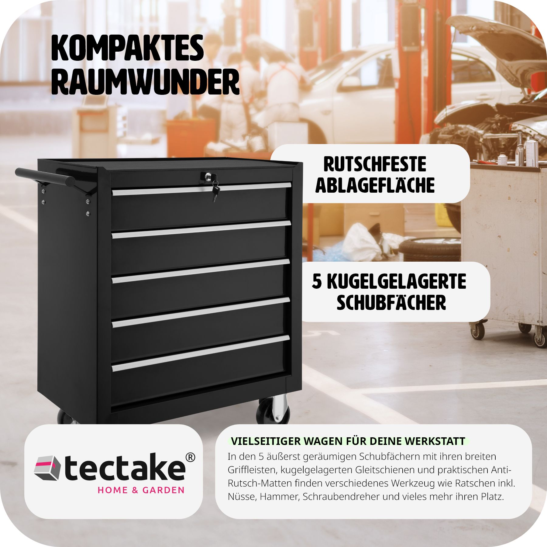 tectake® Werkzeugwagen, 5 kugelgelagerte Schubladen mit Antirutschmatten, zentrale Sicherheitsverriegelung, Rollen Ø 100 mm