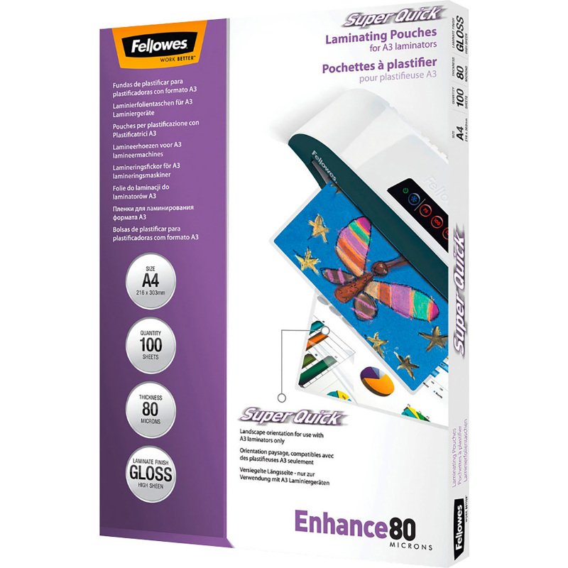 Pochettes de plastification Fellowes SuperQuick A4 2 x 80 µ brillantes - Boite de 100