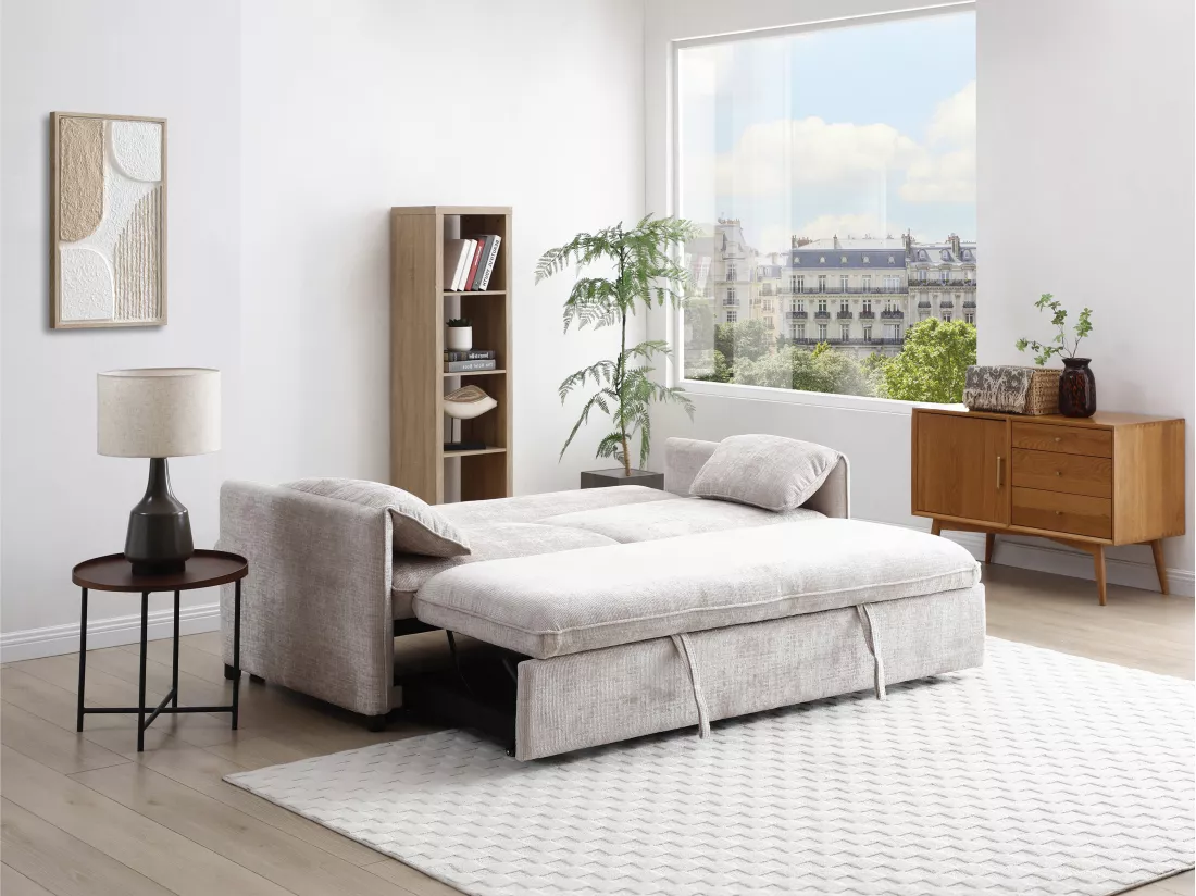 Canapé 3 places convertible en tissu texturé beige ALPARETO