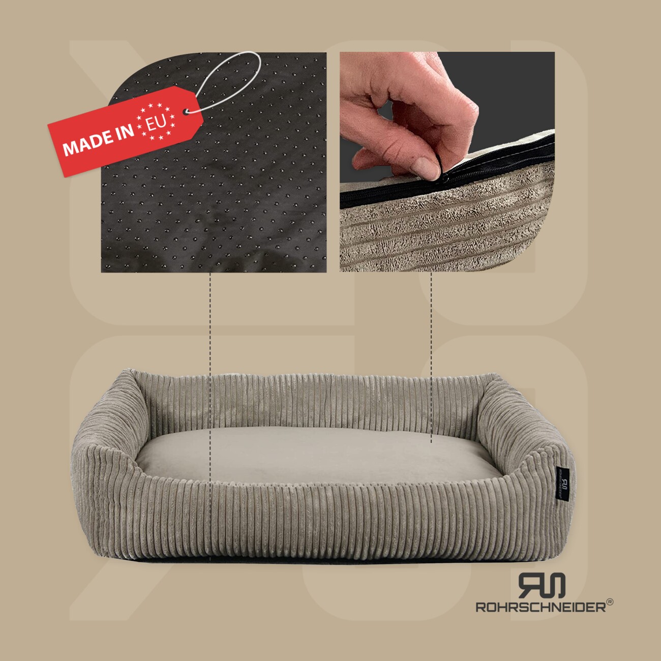 Rohrschneider ® Katzenbett waschbar mit Gratis-Beigabe, robuster Breit-Cordstoff taupe