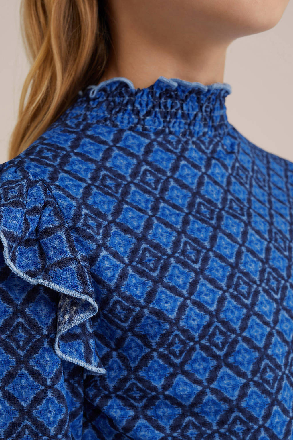 WE Fashion jurk met all over print en ruches blauw